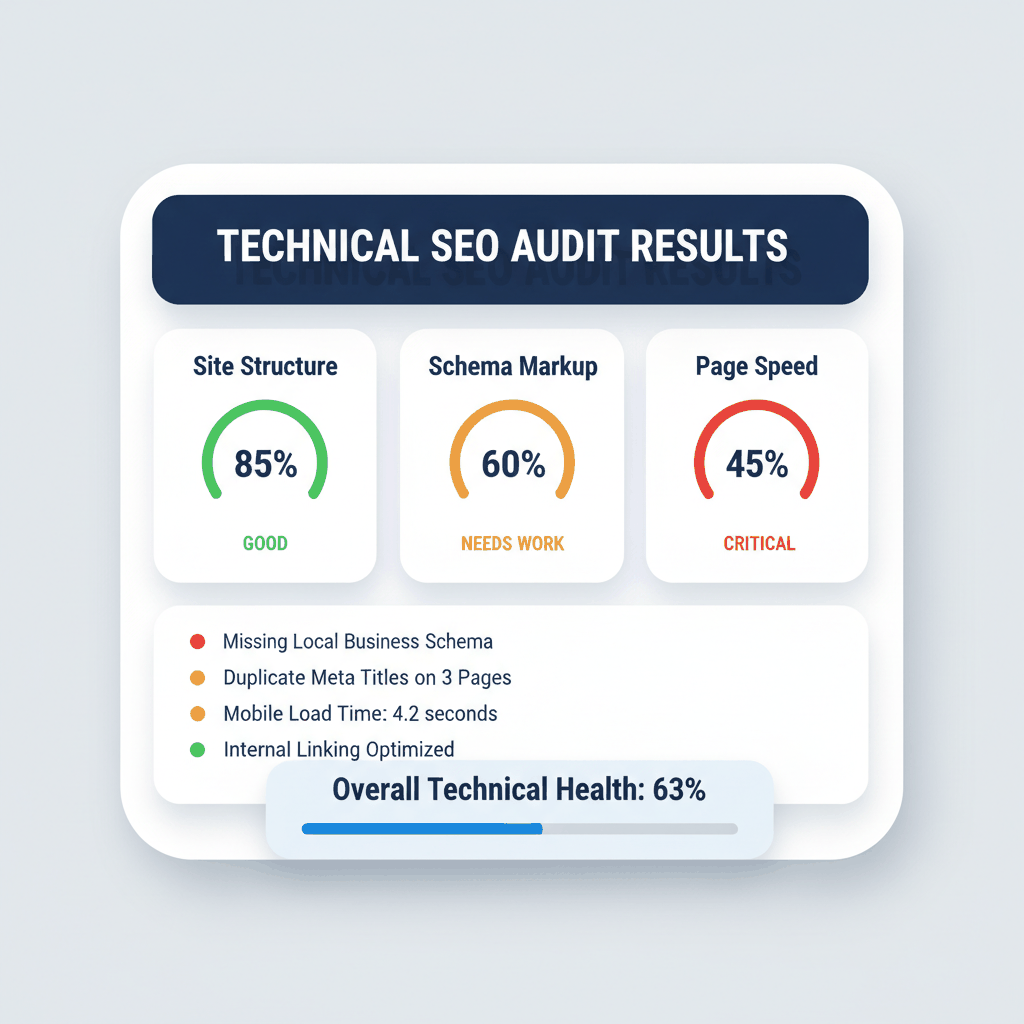 Technical SEO audit dashboard showing site structure, schema markup, and page speed performance metrics for plumbing website
