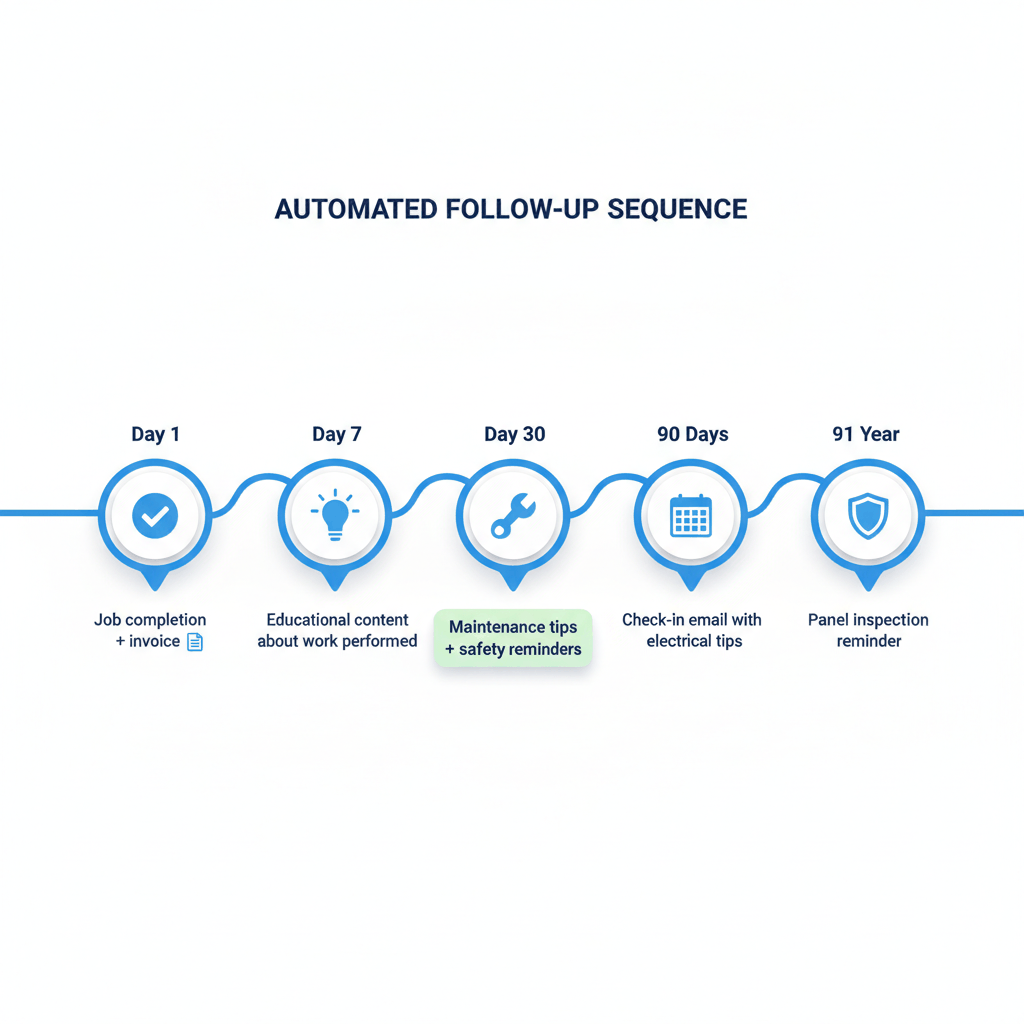 Automated electrician follow-up email sequence timeline showing 5 touchpoints from job completion to annual inspection - electrician follow-up campaigns