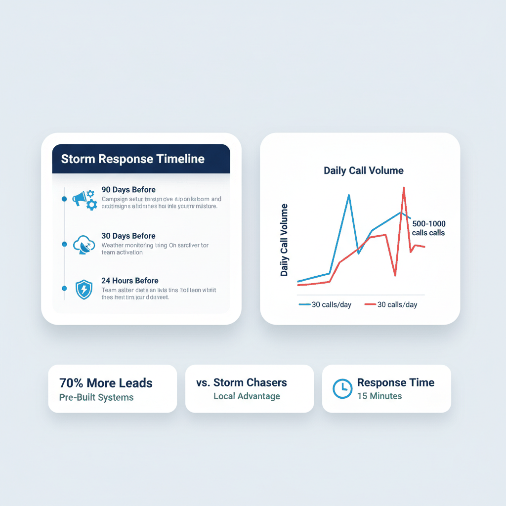 Storm response marketing timeline and call volume surge showing preparation strategies and capacity planning