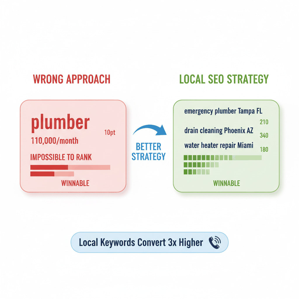 Local SEO keyword strategy comparison showing broad vs location-specific plumbing keywords with search volume and competition data