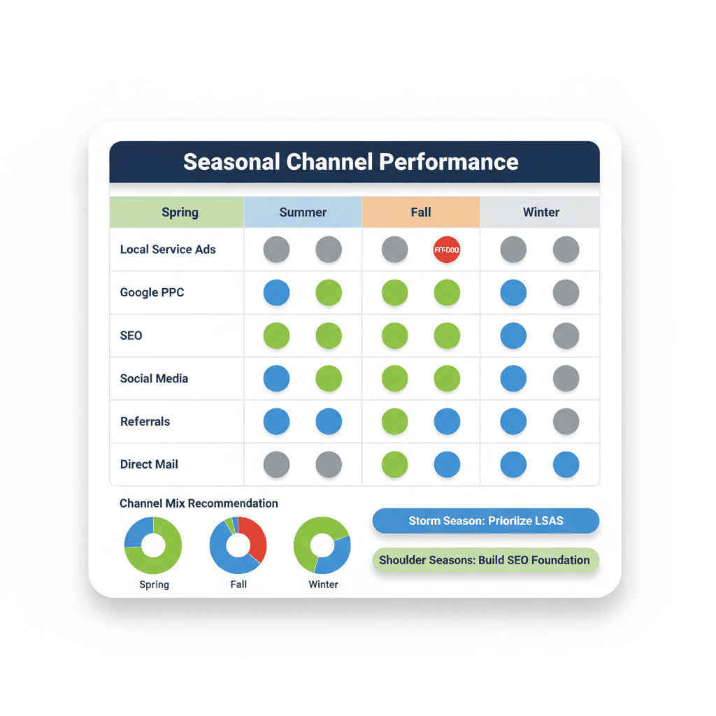 Lead generation channel performance matrix showing optimal marketing channels for each roofing season