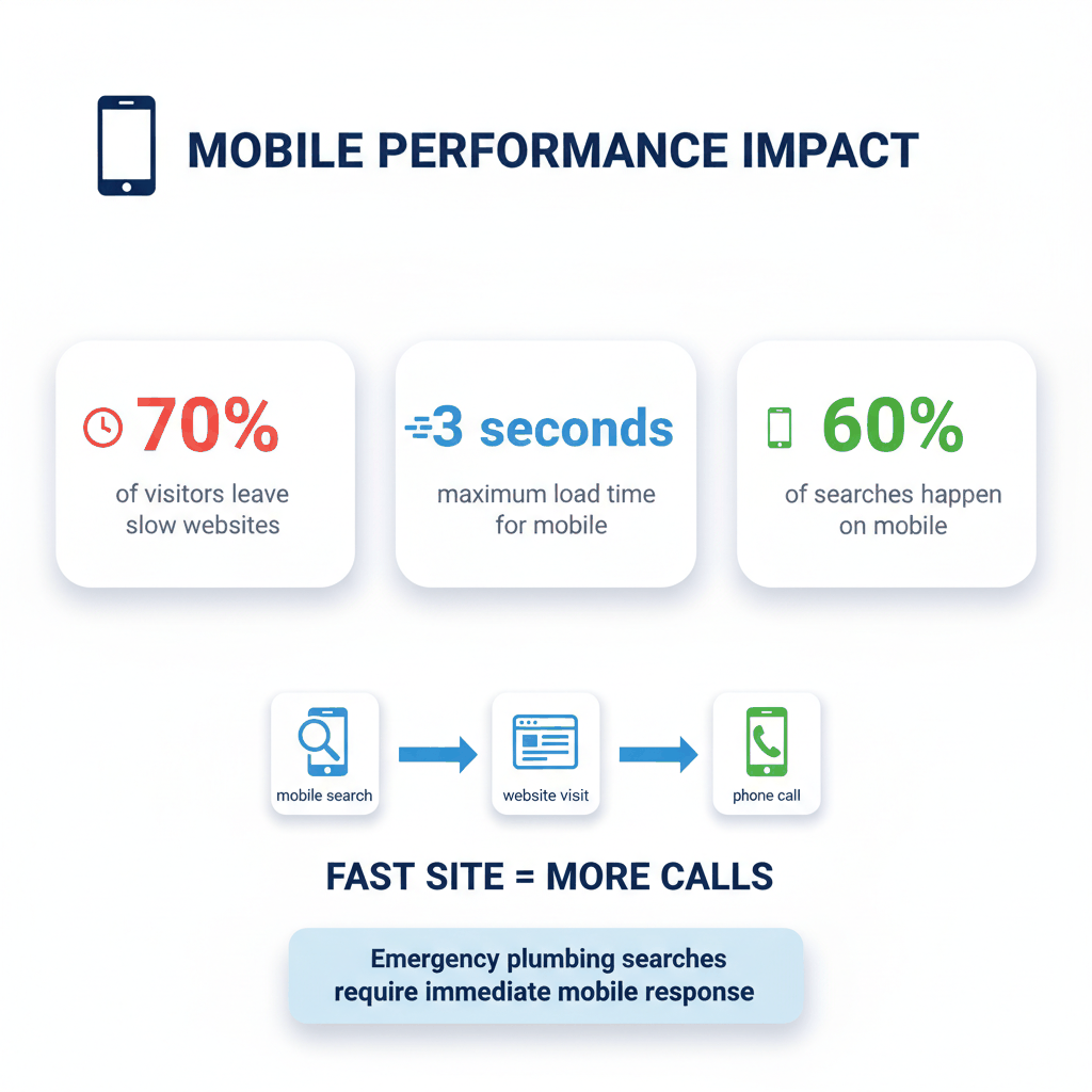 Mobile performance statistics showing 70% visitor abandonment rate and 3-second load time requirements for plumbing websites