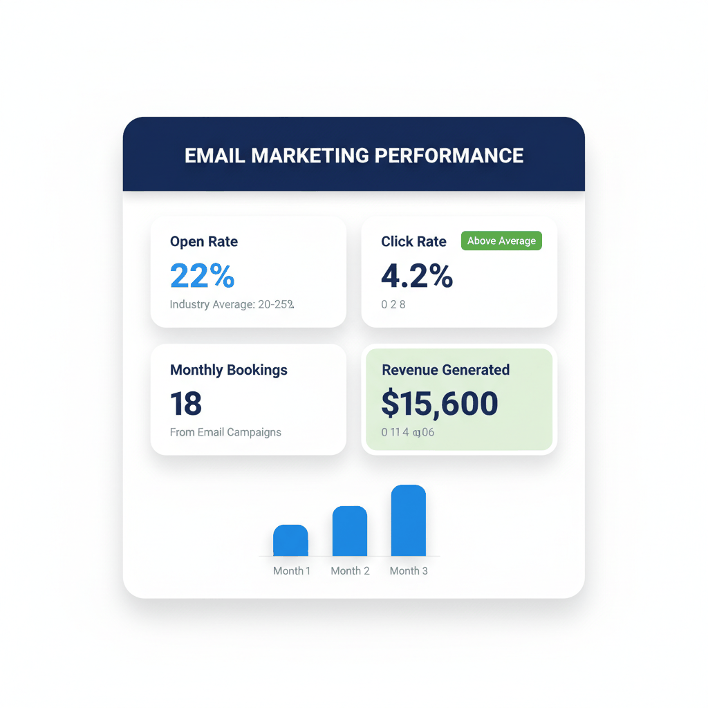 Electrician email marketing performance dashboard showing 22% open rates and $15,600 monthly revenue generated - measuring email marketing success