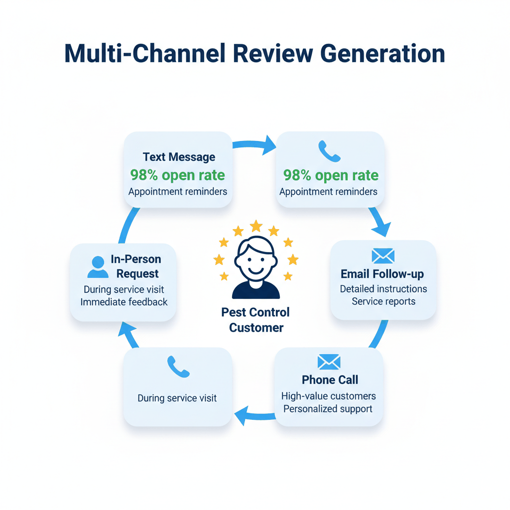 Multi-channel pest control review request system showing text, email, phone, and in-person strategies with response rates