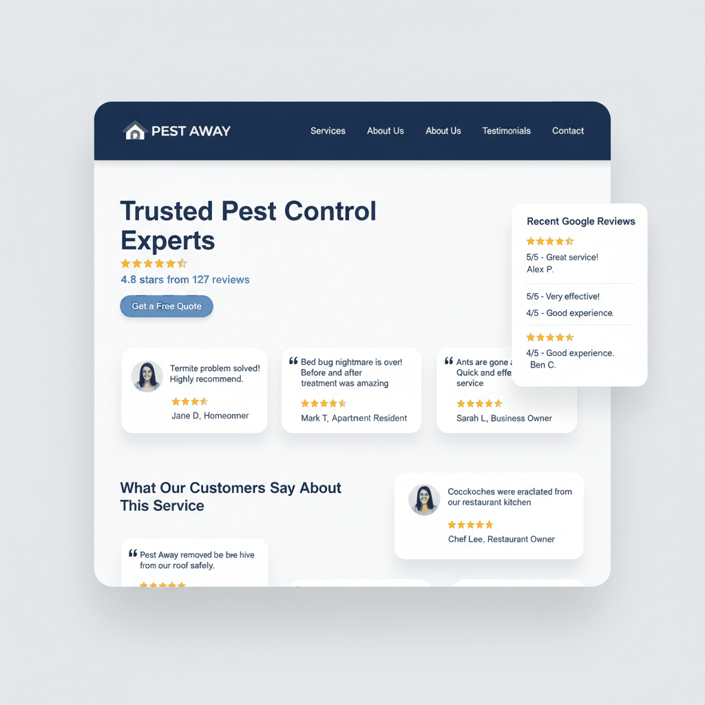 Pest control website homepage showing strategic Google review placement for conversion optimization