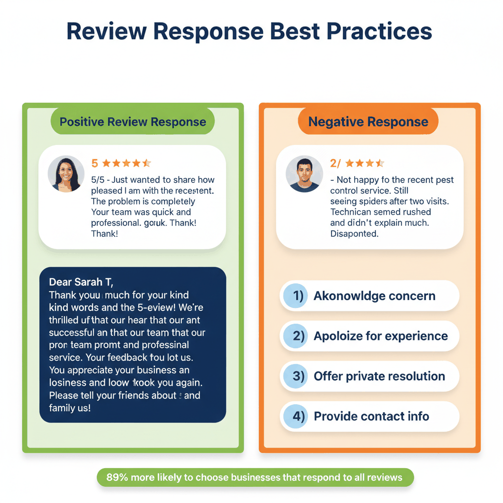 Pest control Google review response strategy showing templates for positive and negative feedback management