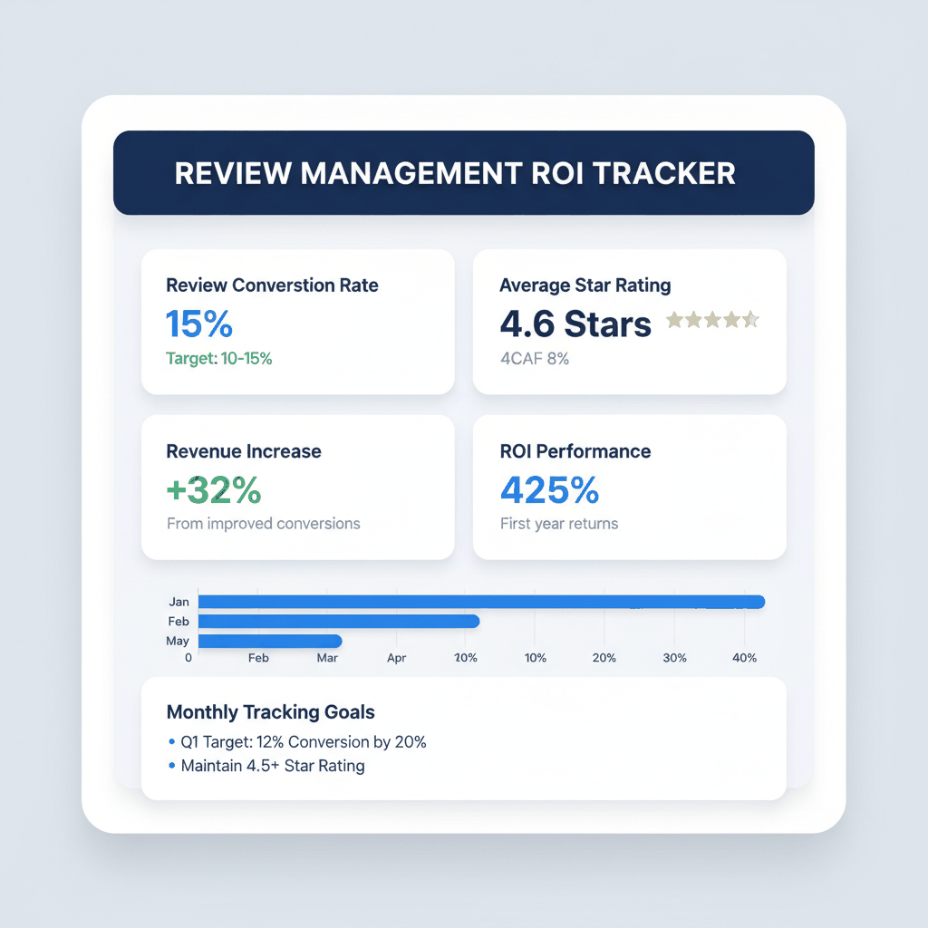 Pest control review management ROI dashboard showing conversion rates, star ratings, and revenue performance metrics