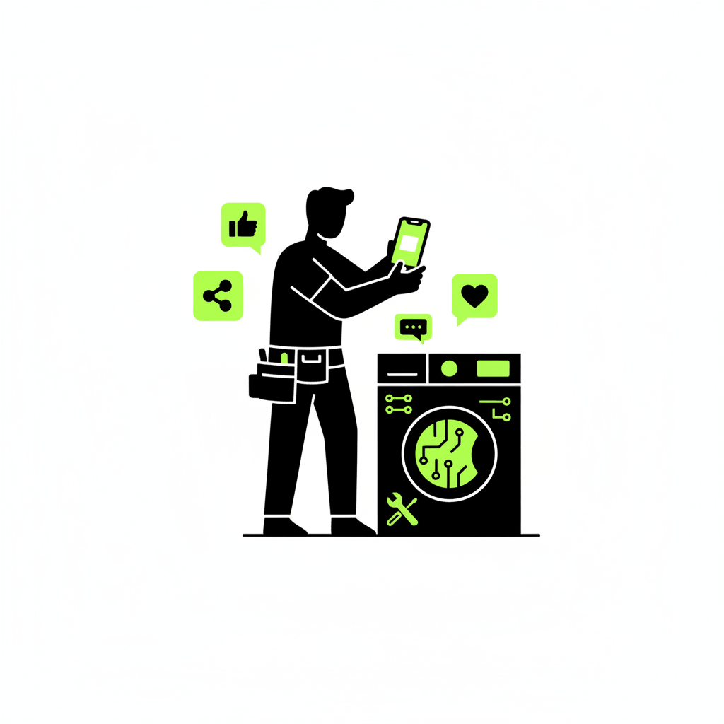 Bold graphic illustration of appliance repair technician creating social media content - appliance repair content marketing