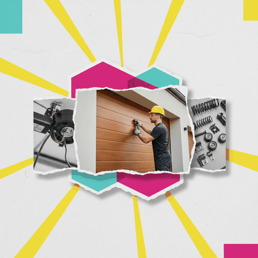 Contemporary mixed media photo collage showing garage door contractor at work - garage door content marketing