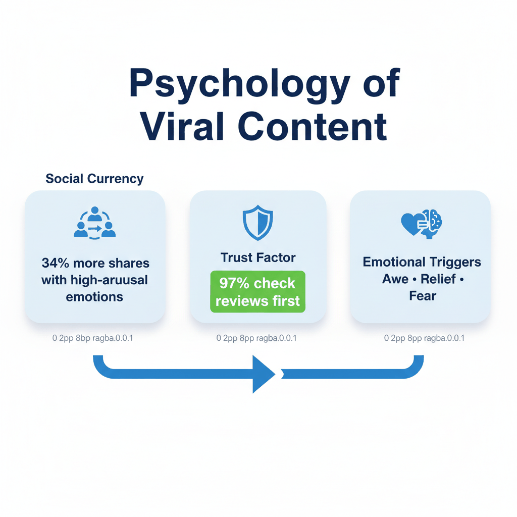 Psychology of viral content infographic showing social currency, trust factors, and emotional triggers for appliance repair marketing