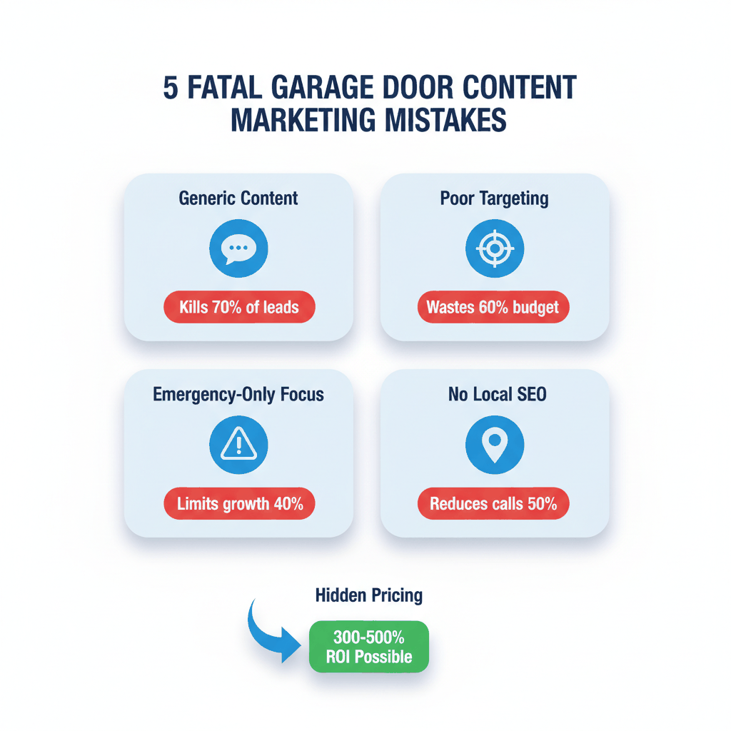 Dashboard showing 5 fatal garage door content marketing mistakes and their impact on lead generation - content marketing analysis