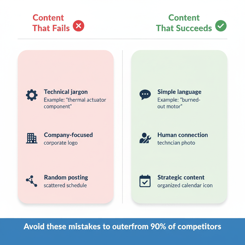 Content mistakes comparison chart showing failing strategies versus successful appliance repair content approaches