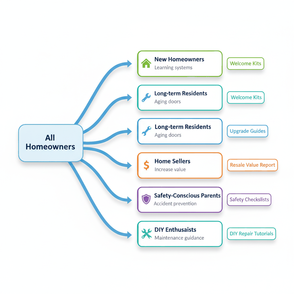 Customer segmentation flowchart showing 5 garage door customer types and targeted content strategies - audience targeting