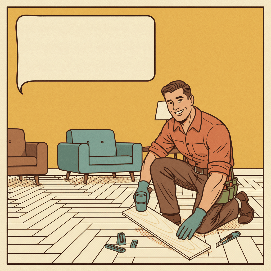 Vintage-style illustration of professional flooring contractor installing luxury vinyl planks - new flooring business marketing
