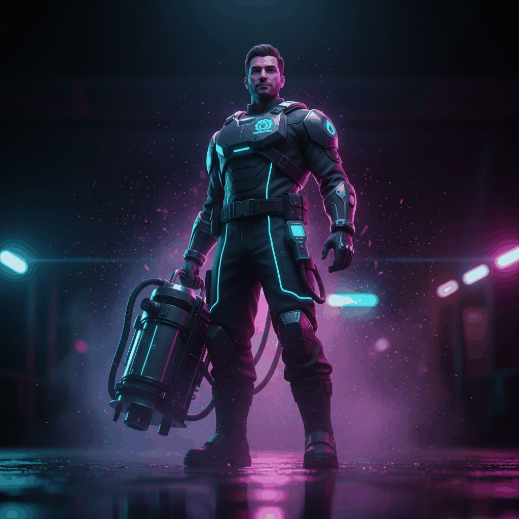 Dramatic cyberpunk-style water damage restoration technician with emergency equipment - water damage website optimization