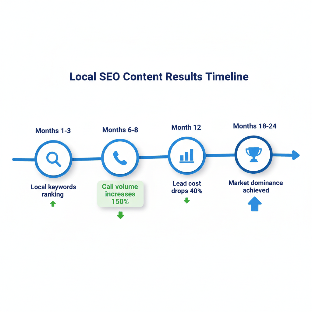 Timeline showing local SEO content marketing results for garage door companies over 24 months - performance metrics