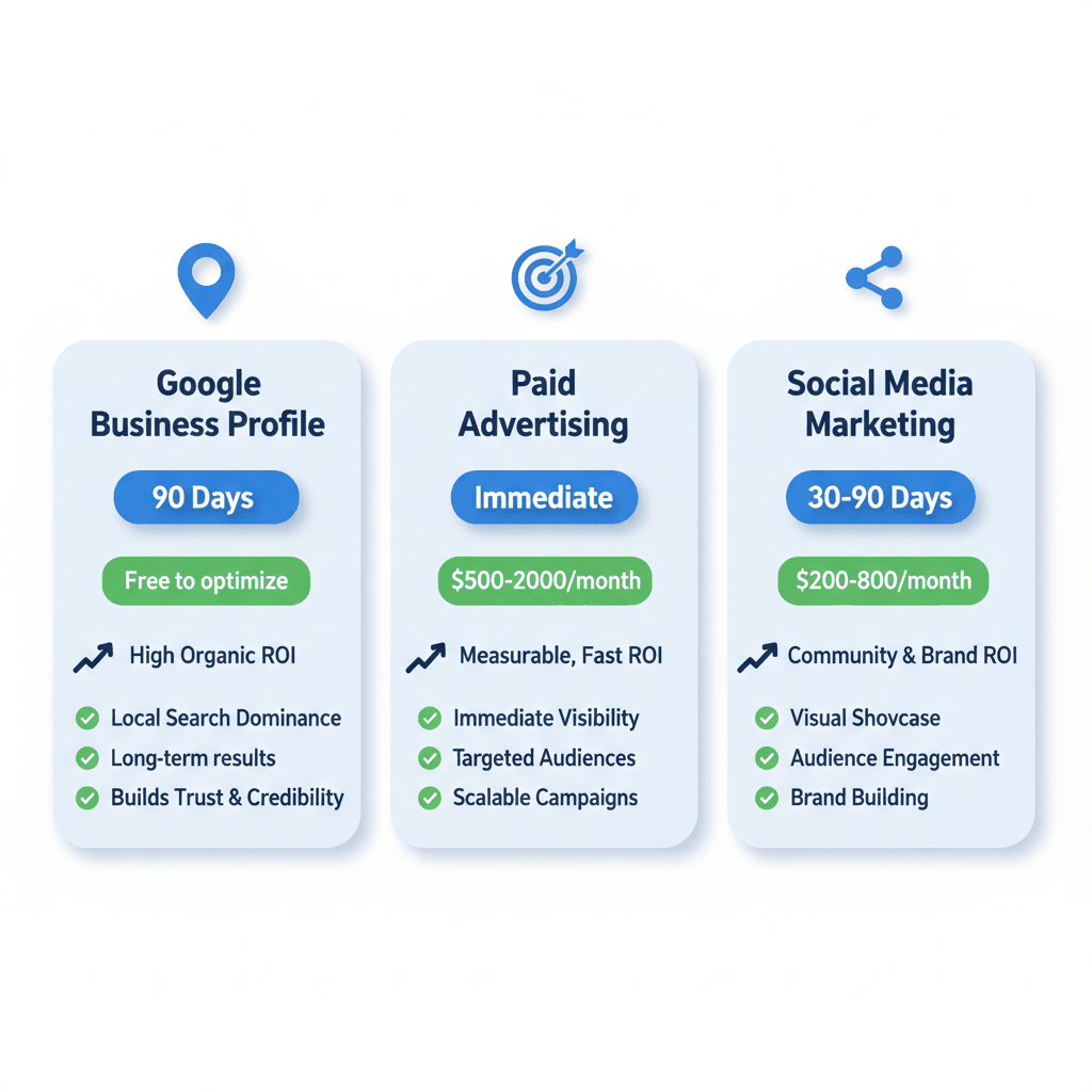 Marketing channel comparison showing Google Business Profile, paid advertising, and social media marketing options for new flooring businesses
