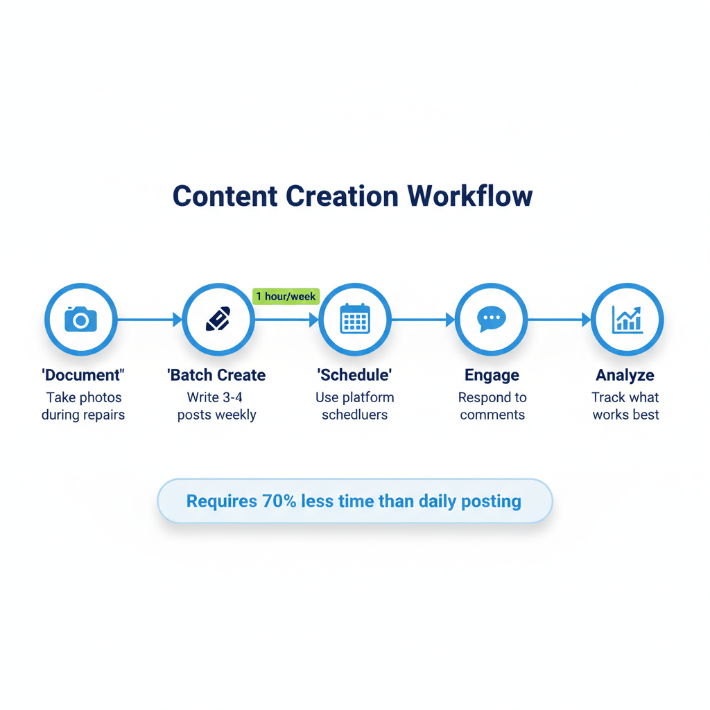 Content creation workflow timeline showing 5-step process from documentation to analysis for appliance repair businesses