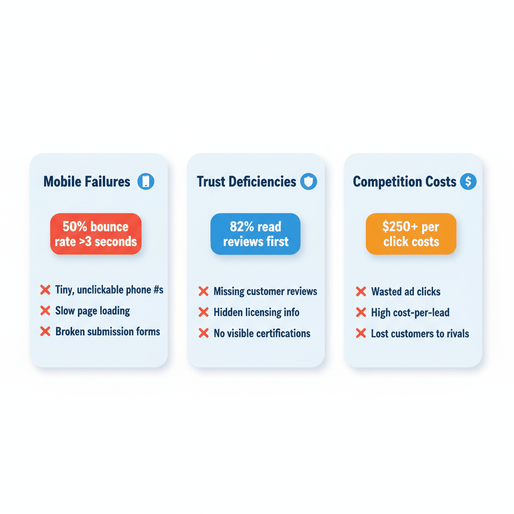 Water damage website conversion challenges comparison showing mobile failures, trust deficiencies, and competition costs with statistics
