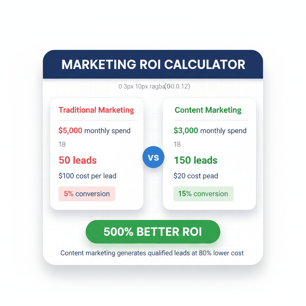 ROI calculator interface comparing traditional marketing vs content marketing costs for garage door companies - marketing comparison