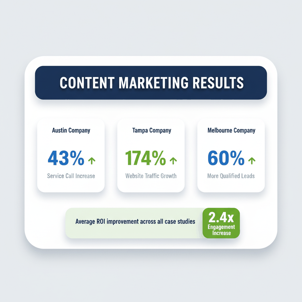 Success metrics dashboard showing 43% service call increase, 174% website traffic growth, and 60% more qualified leads from content marketing