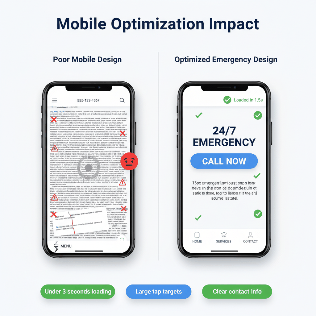 Mobile website design comparison showing poor vs optimized emergency water damage site design elements and loading speed