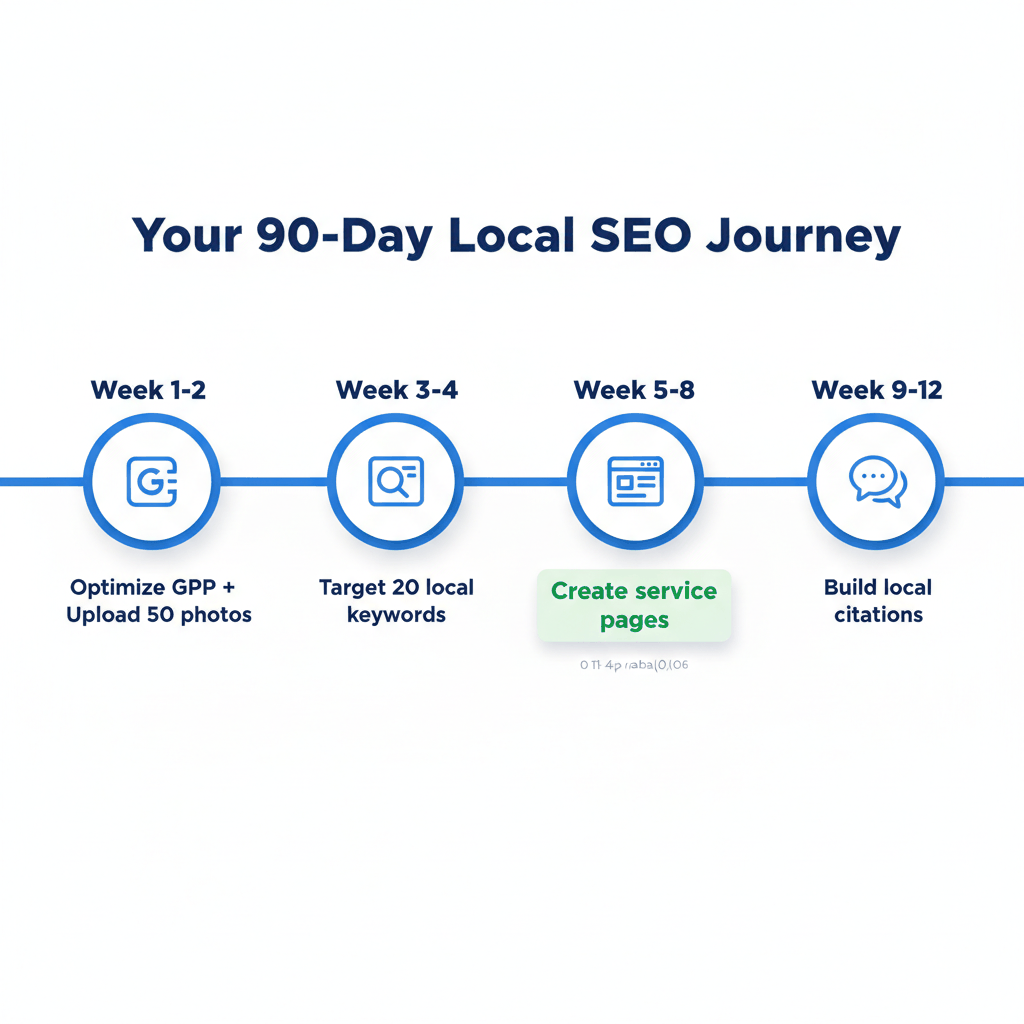 90-day local SEO timeline showing weekly milestones for flooring company marketing optimization