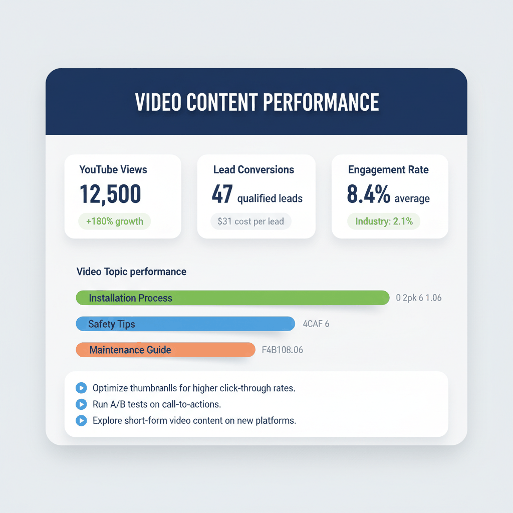 Video marketing performance dashboard showing YouTube metrics and lead generation results for garage door content - video marketing analytics