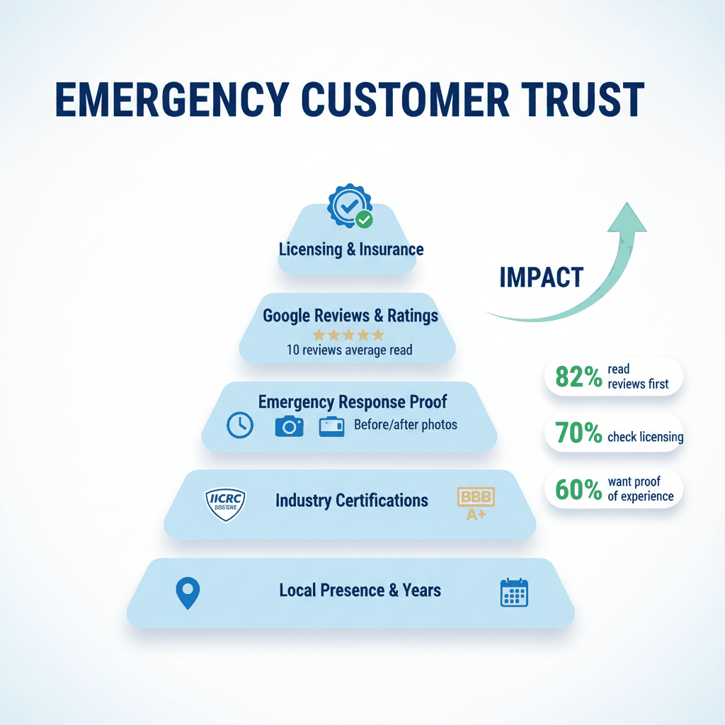 Trust signals hierarchy pyramid showing licensing, reviews, emergency proof, certifications, and local presence for water damage websites