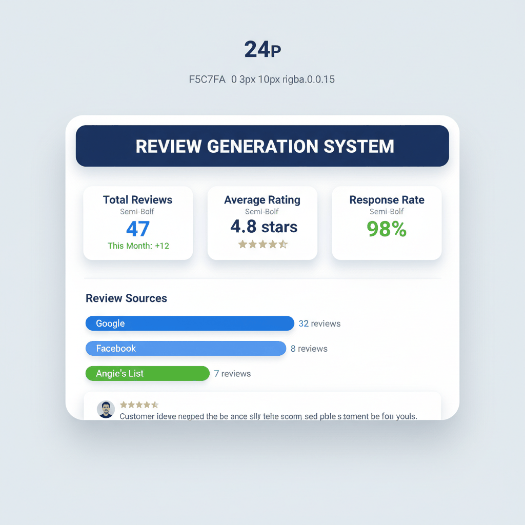 Review generation dashboard showing 47 total reviews, 4.8-star average rating, and 98% response rate for flooring business