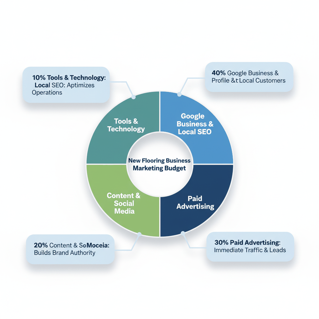 Marketing budget allocation pie chart showing 40% for local SEO, 30% paid advertising, 20% content marketing, 10% tools for new flooring businesses