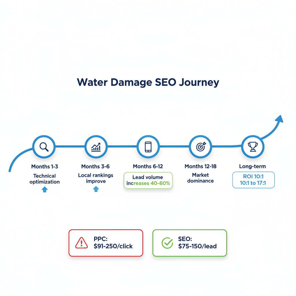 Water damage SEO timeline showing 18-month progression from technical optimization to market dominance with ROI metrics