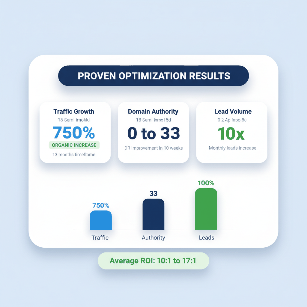 Water damage website optimization case study results showing 750% traffic growth, domain authority improvements, and ROI metrics
