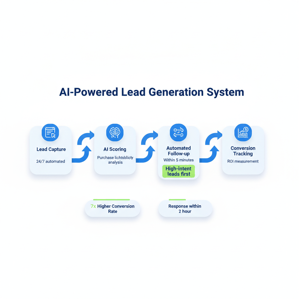 AI-powered lead generation workflow showing automated lead capture, scoring, routing, and follow-up system for flooring contractors
