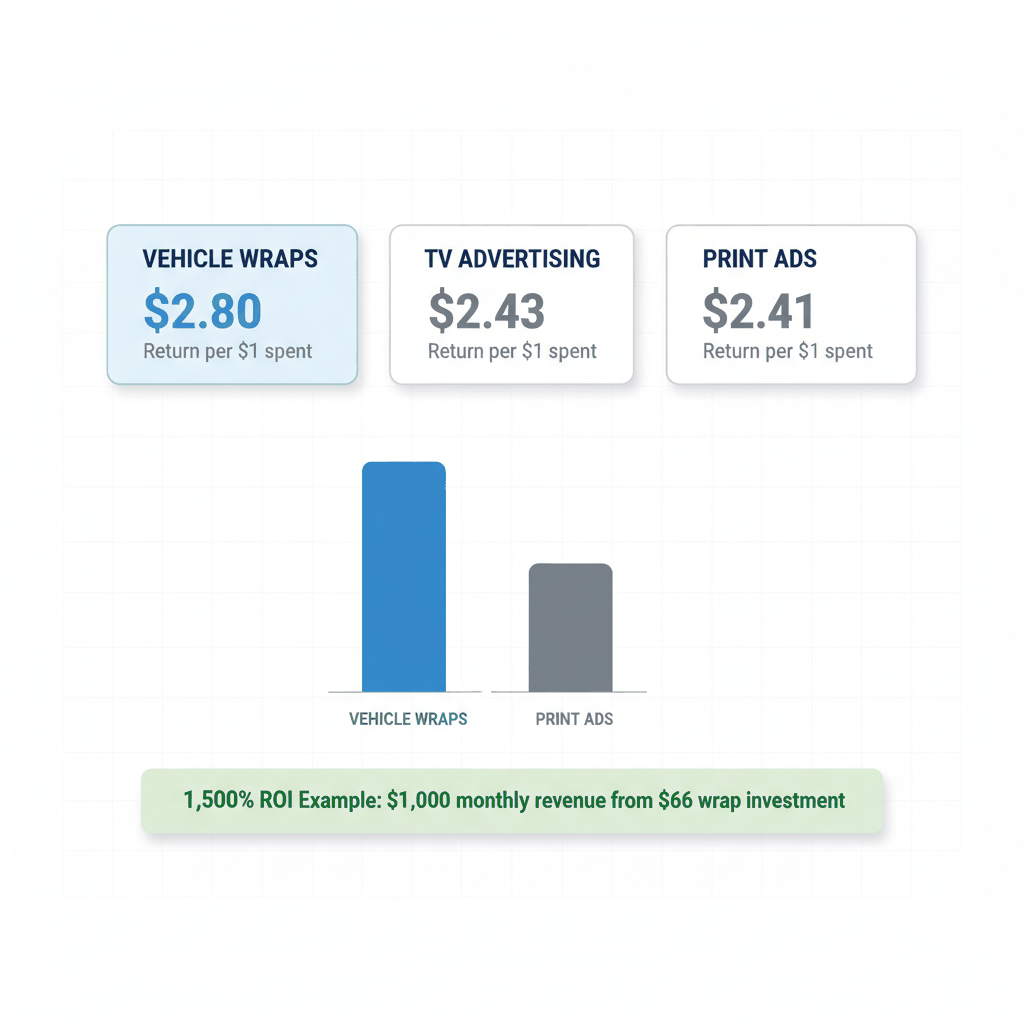 Vehicle wrap ROI comparison dashboard showing $2.80 return versus TV and print advertising - moving truck advertising ROI
