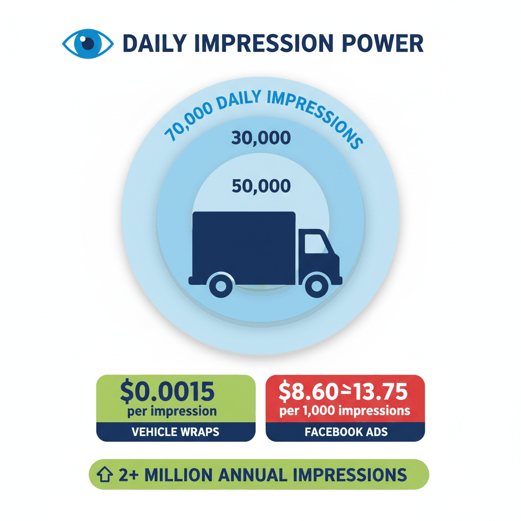 Moving truck daily impression infographic showing 30,000-70,000 daily views versus Facebook advertising costs