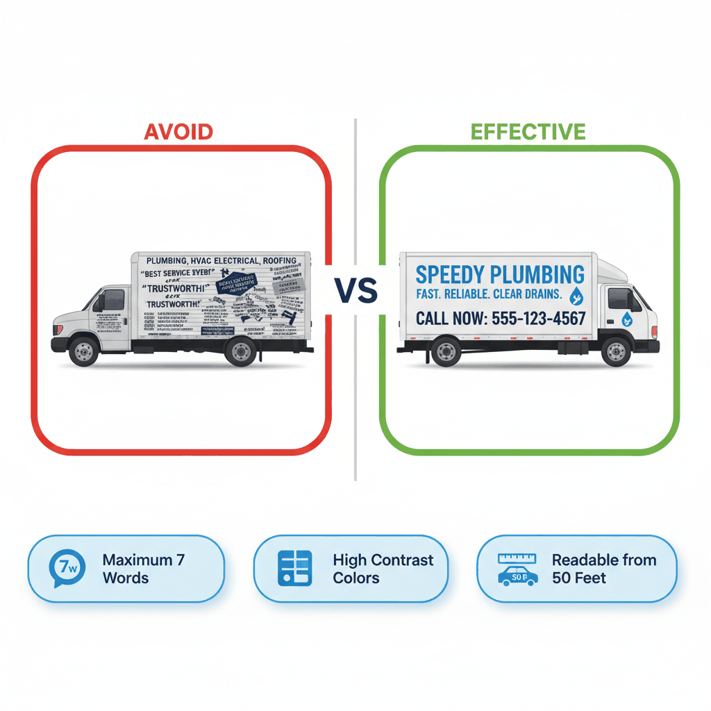 Vehicle wrap design comparison showing cluttered versus clean effective moving truck advertising design principles