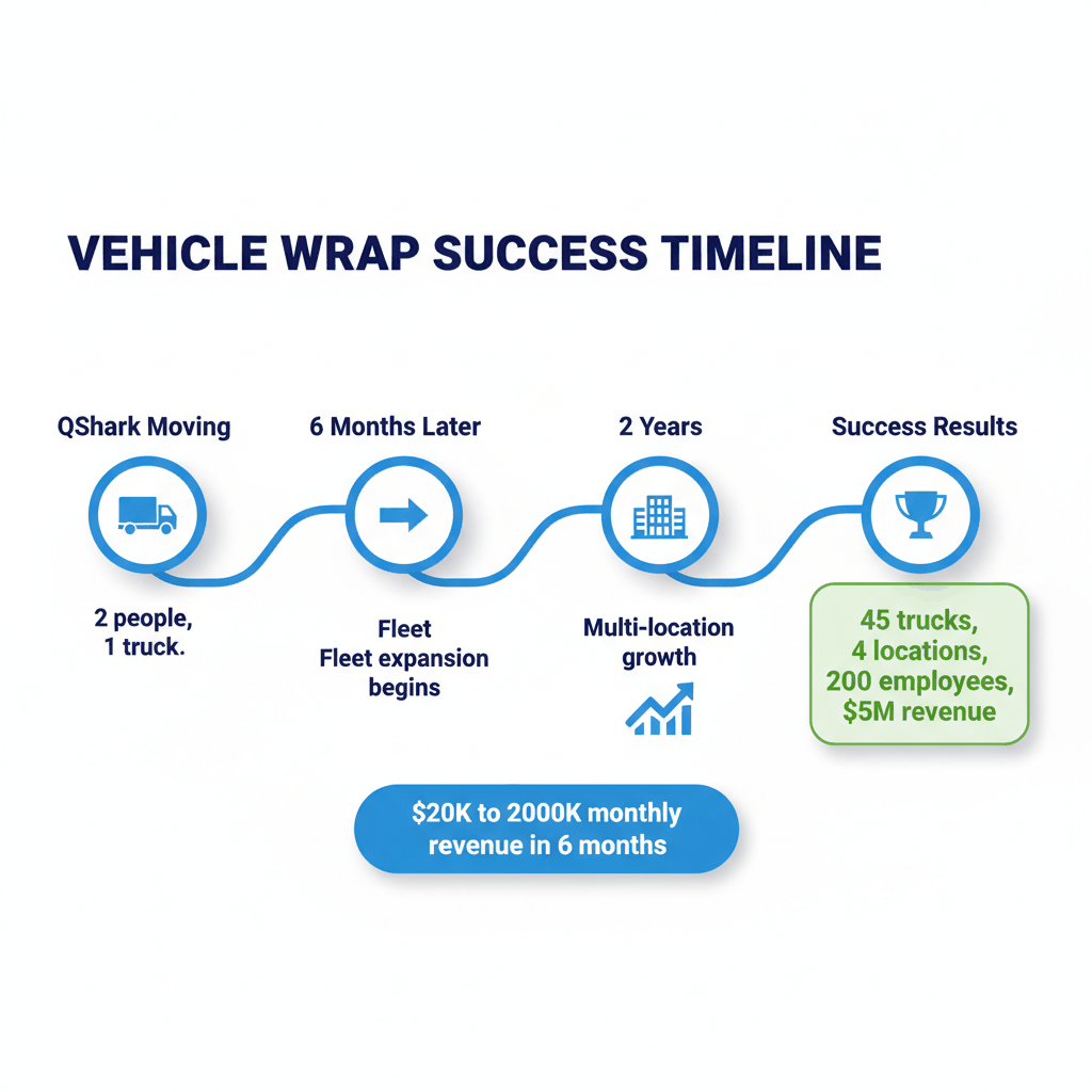 Moving company success timeline showing growth from vehicle wrap advertising - QShark Moving case study results