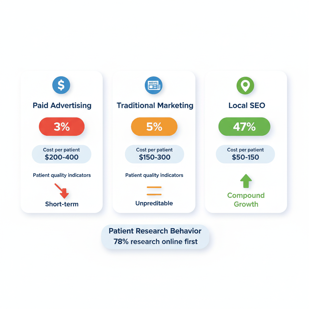 Local SEO vs paid advertising comparison chart showing 47% conversion rates for dental practice SEO strategies