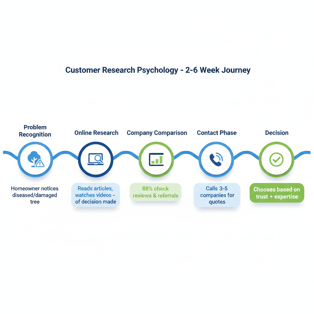 Tree service customer research psychology timeline showing 5-phase decision journey from problem recognition to contractor selection