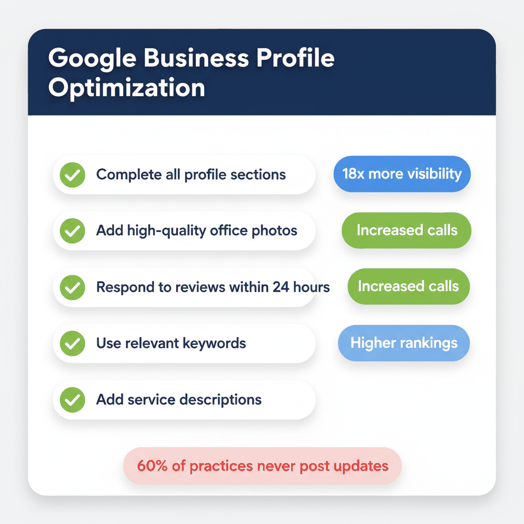 Google Business Profile optimization checklist for dental practices showing 18x visibility improvement