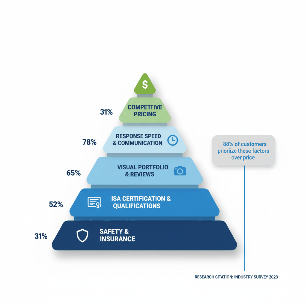 Tree service trust factor pyramid showing safety insurance at base, certification second, pricing least important to customers