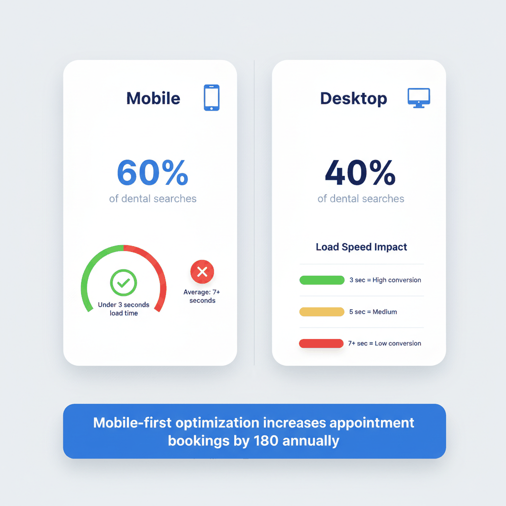 Mobile vs desktop dental website performance showing 60% mobile search volume and 3-second load time requirements