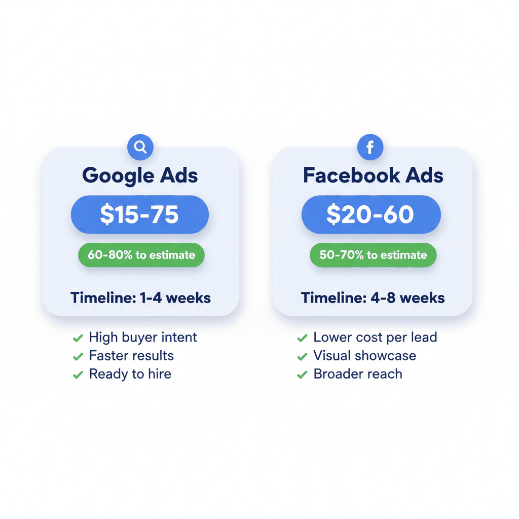 Google Ads vs Facebook Ads comparison chart showing costs and conversion rates for painting contractors