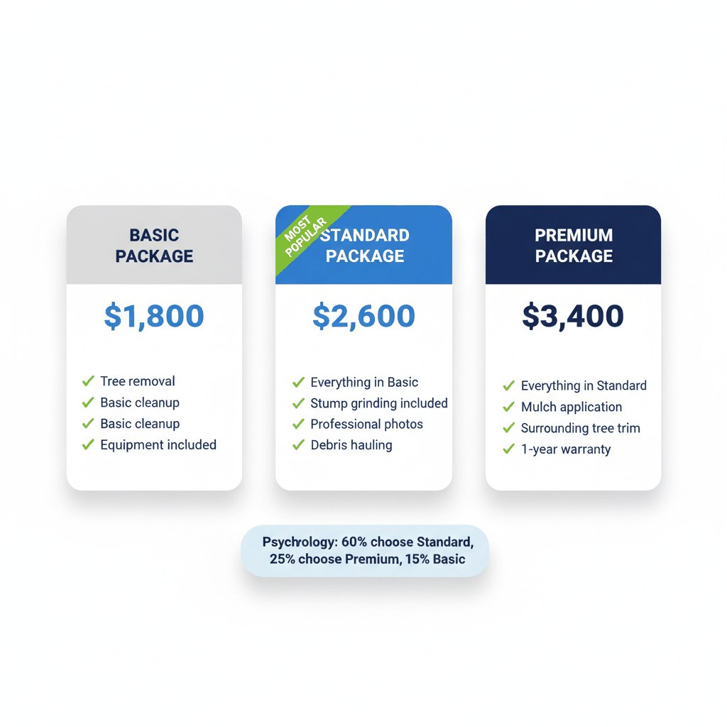 Tree service three-tier pricing psychology showing basic standard premium packages with customer selection percentages