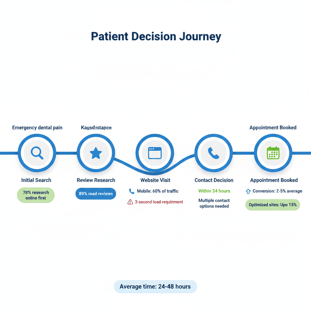 Patient journey timeline from dental emergency search to appointment booking showing 24-48 hour decision process