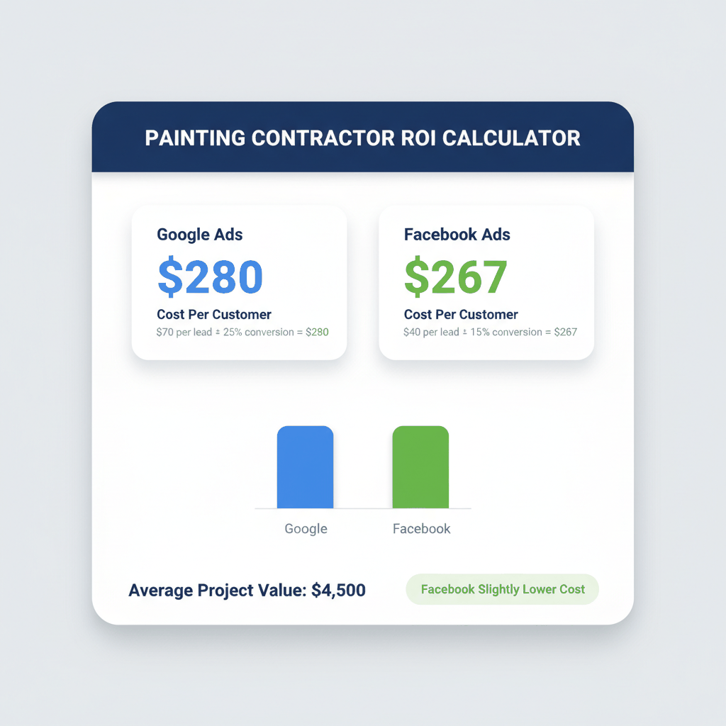 ROI calculator dashboard comparing Google Ads vs Facebook Ads cost per customer for painting contractors