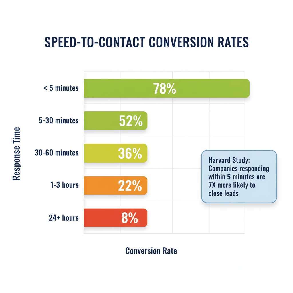 Tree service speed-to-contact conversion chart showing 78% success under 5 minutes dropping to 8% after 24 hours