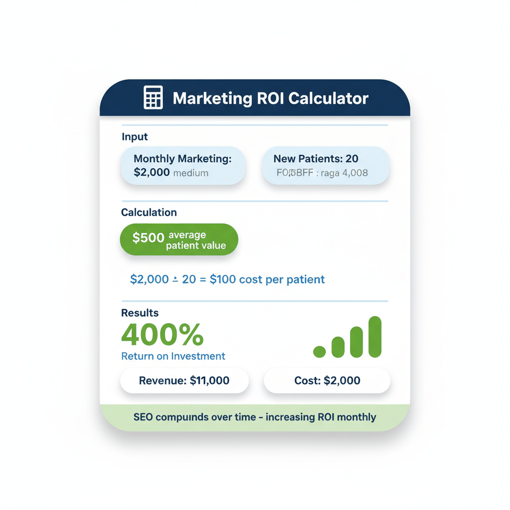 Dental marketing ROI calculator showing 400% return on $2000 monthly investment generating 20 new patients