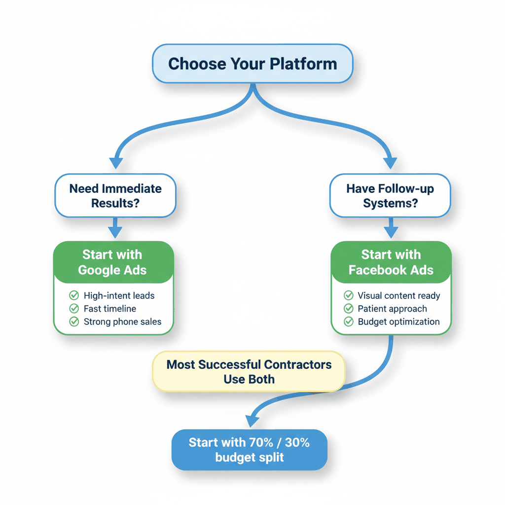 Decision tree flowchart for choosing Google Ads vs Facebook Ads for painting contractor lead generation